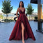 A-line Satin Burgundy Side Slit Simple Cheap Party Prom Dresses PD2017