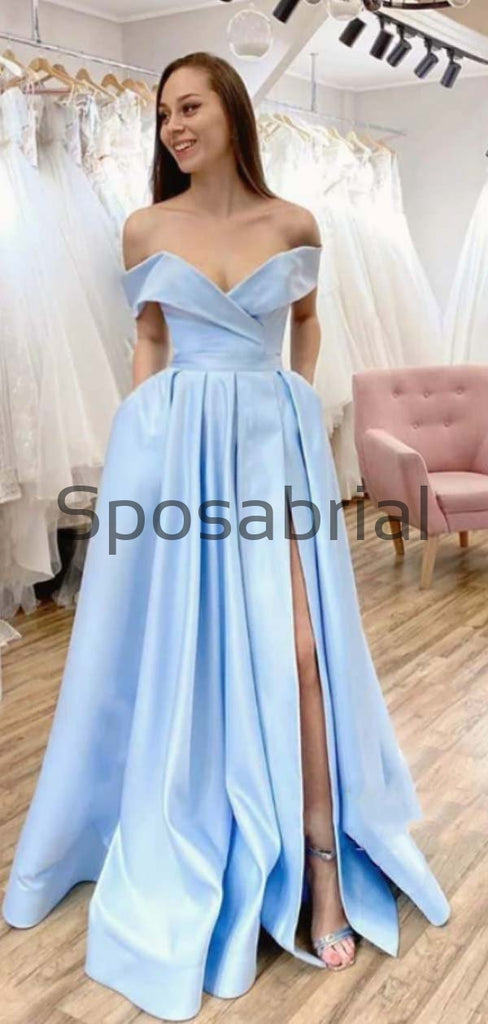A-line Satin Simple Blue Off Sholder Cheap Vintage Party Prom Dresses PD2022