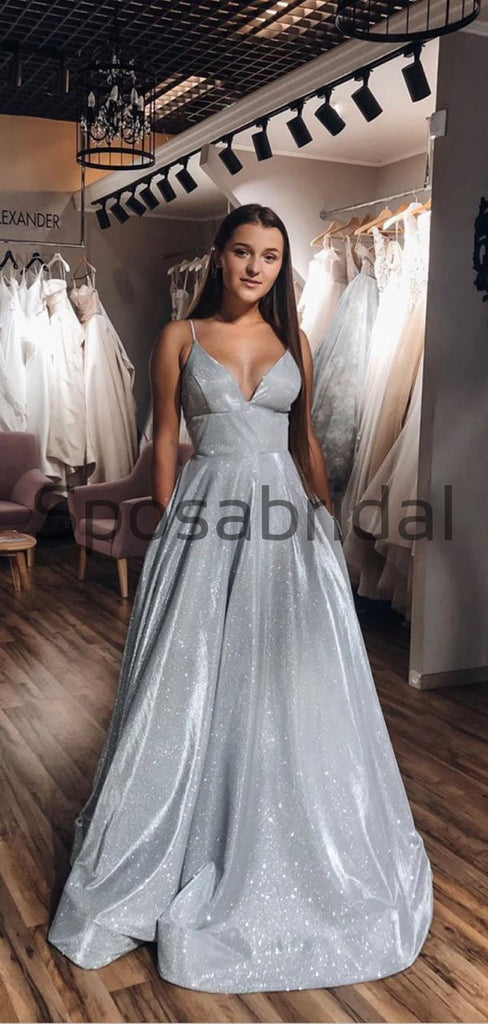 A-line Spaghetti Straps Cheap Silver Sparkly Prom Dresses PD2134