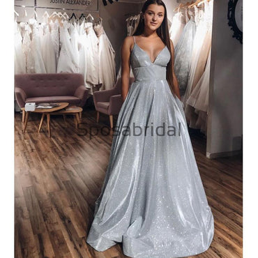 A-line Spaghetti Straps Cheap Silver Sparkly Prom Dresses PD2134