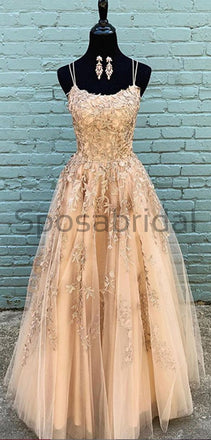 A-line Spaghetti Straps Lace and Tulle Popular Formal Long Prom Dresses PD1610