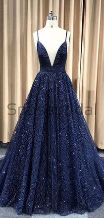 A-line Spaghetti Straps Sparkly Navy Blue Sequin Long Shining Gorgeous Prom Dresses PD1733