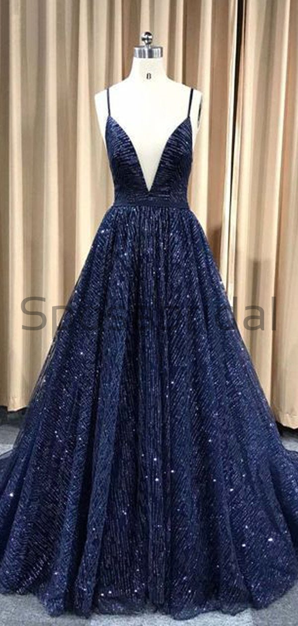 A-line Spaghetti Straps Sparkly Navy Blue Sequin Long Shining Gorgeous SposaBridal A-line Spaghetti Straps Sparkly Navy Blue Sequin Long Shining Gorgeous SposaBridal