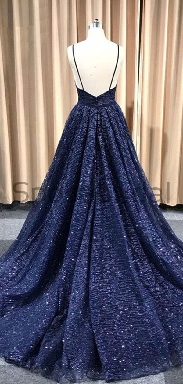 A-line Spaghetti Straps Sparkly Navy Blue Sequin Long Shining Gorgeous SposaBridal A-line Spaghetti Straps Sparkly Navy Blue Sequin Long Shining Gorgeous SposaBridal