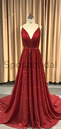 A-line Spaghetti Straps Sparkly Red Sequin Long Shining Gorgeous Prom Dresses PD1736