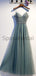 A-line Spaghetti Straps V-Neck Sofa Green Beaded Tulle Sparkly Vintag Long Prom Dresses PD1741