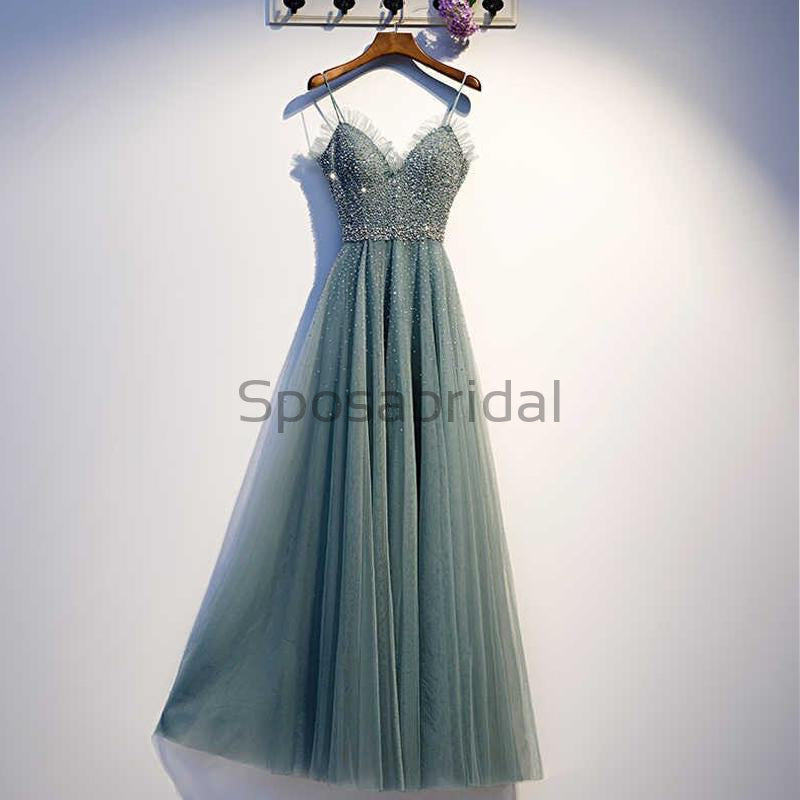 A-line Spaghetti Straps V-Neck Sofa Green Beaded Tulle Sparkly Vintag Long Prom Dresses PD1741