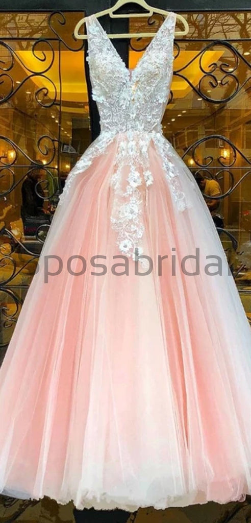 A-line Tulle Pink Custom Long V-Neck High Quality Fashion Prom Dresses, Party Gowns PD1693