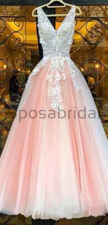 A-line Tulle Pink Custom Long V-Neck High Quality Fashion Prom Dresses, Party Gowns PD1693