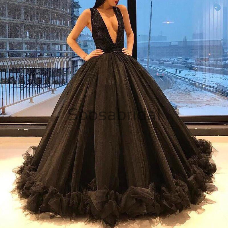 A-line V-Neck Black Tulle Elegant Modest Formal Vintage Prom Dresses, SposaBridal A-line V-Neck Black Tulle Elegant Modest Formal Vintage Prom Dresses, SposaBridal