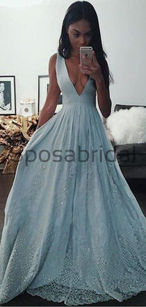 A-line V-Neck Blue LaceLong Real Made Formal Vintage Prom Dresses, Prom Dress PD1817