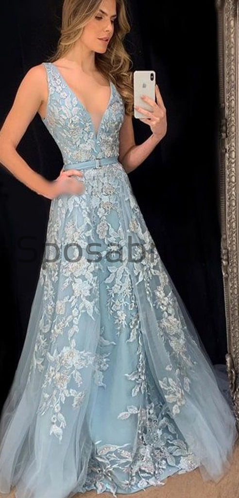 A-line V-Neck Blue Lace Pretty Modest Formal Long Elegant Prom Dresses, Prom Dress PD1815