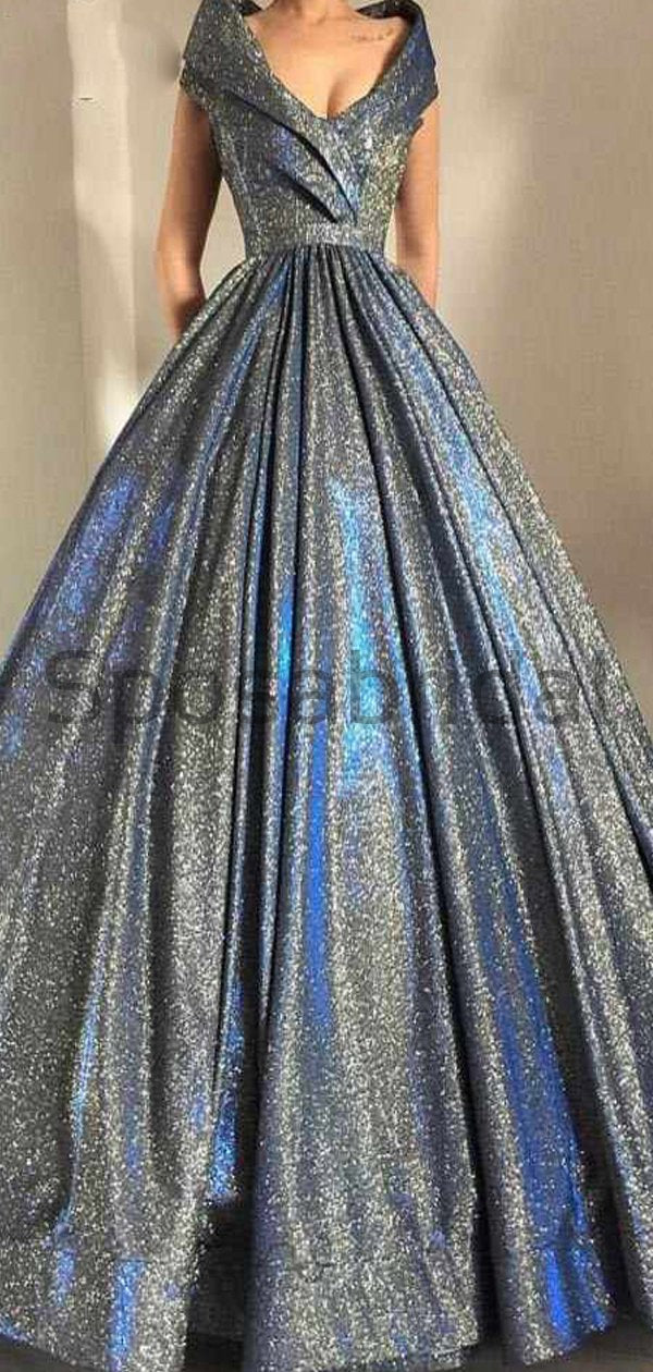 A-line V-Neck Sparkly Sequin Simple Vintage Long Prom Dresses, Ball Go – SposaBridal