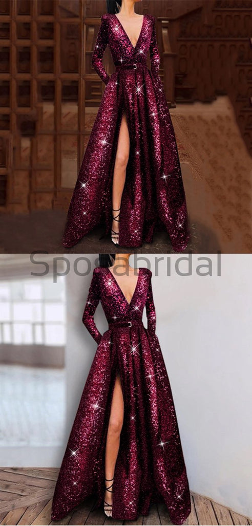 A-line V-neck Long Sleeves Shining Sparkly Sequin Modest Prom Dresses, Evening Dresses PD1547