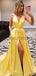 A-line Yellow Cheap Side Slit Spaghetti Straps Simple Long Prom Dresses PD1550