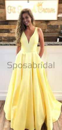 A-line Yellow V-Neck Simple Satin Modest Popular Long Prom Dresses PD1555