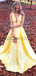 A-line Yellow V-Neck Simple Satin Modest Popular Long Prom Dresses PD1555