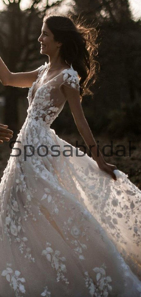 A Line Ivory V-Neck Country Beach Wedding Dresses with Appliques WD0533