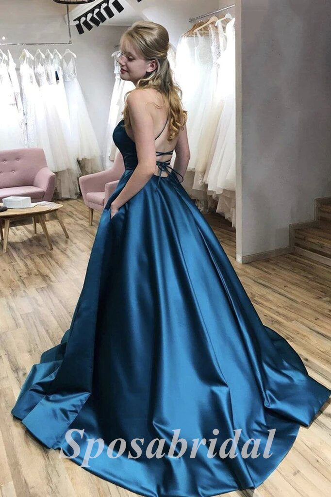 Sexy Soft Satin Spaghetti Straps V-Neck Sleeveless Lace Up A-Line Long Prom Dresses With Pocket, PD3582