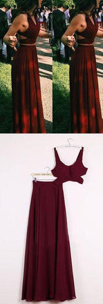 A Line 2 Pieces Plus Size Long Burgundy Chiffon Sleeveless Cheap Modest Bridesmaids Dresses, WG342 - SposaBridal