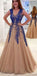 A Line V Neck Modest Elegant Hot Champagne Tulle Long Appliques Beading Prom Dresses ,PD1208