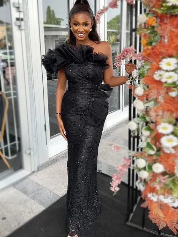 black sparkly one shoulder prom dress Black Rhinestone One Shoulder A Line Prom Dress with Slit, Black / 4