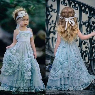 Dusty Blue Organza Floral Flower Girl Dresses With Belt, Little Girl Dresses, FG075