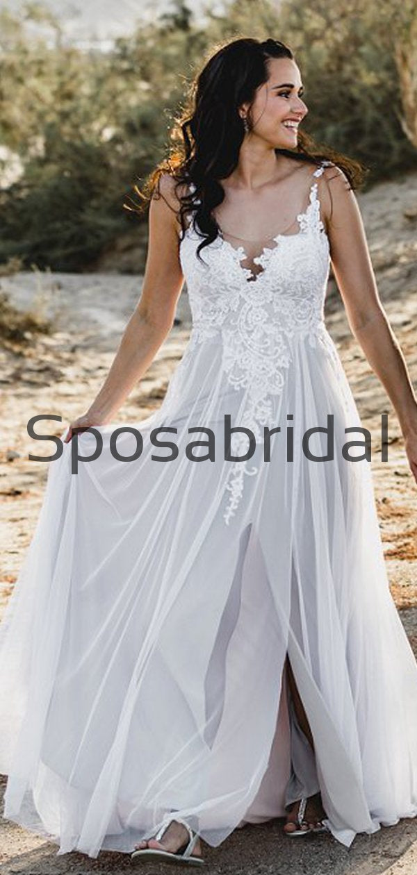 Attractive Lace A-line Country Illusion Long Wedding Dresses