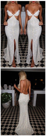 Side Slit Spaghetti Straps Sequined Sexy Cocktail Evening Long Prom Dresses Online,PD0145