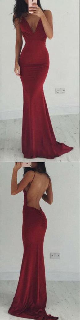 Backless Spaghetti Straps Sexy Burgundy V-neck Cocktail Evening Long Prom Dresses Online,PD0161 - SposaBridal