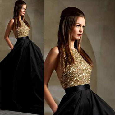 Long  Black Party  A-Line Sparkle Sequined Pretty Backless Prom Dresses, PD0023