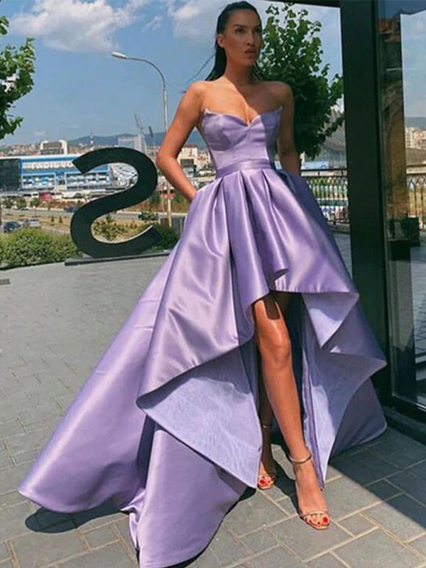 Elegant Lilac Lavender Strapless A-line High-low Prom Dress, BD3145