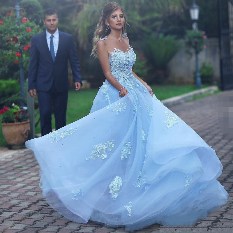 Elegant Ice Blue Fairytale Floral A-line Long Tulle Prom Party Dress, –  SposaBridal