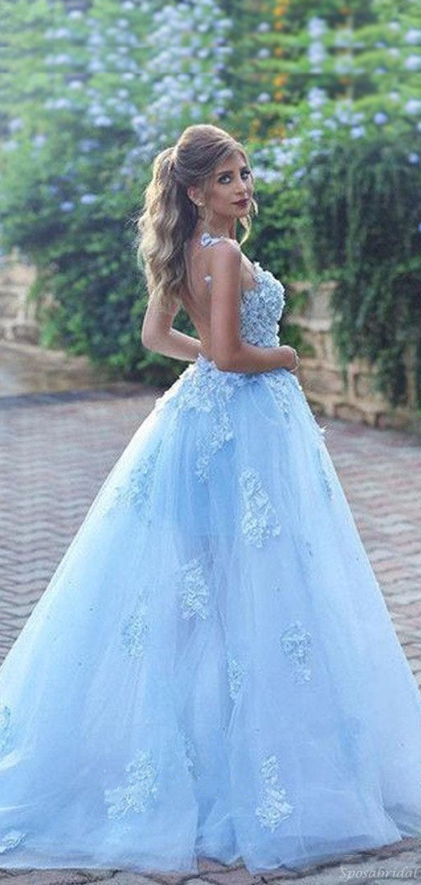 Elegant Ice Blue Fairytale Floral A-line Long Tulle Prom Party Dress, SposaBridal Elegant Ice Blue Fairytale Floral A-line Long Tulle Prom Party Dress, SposaBridal