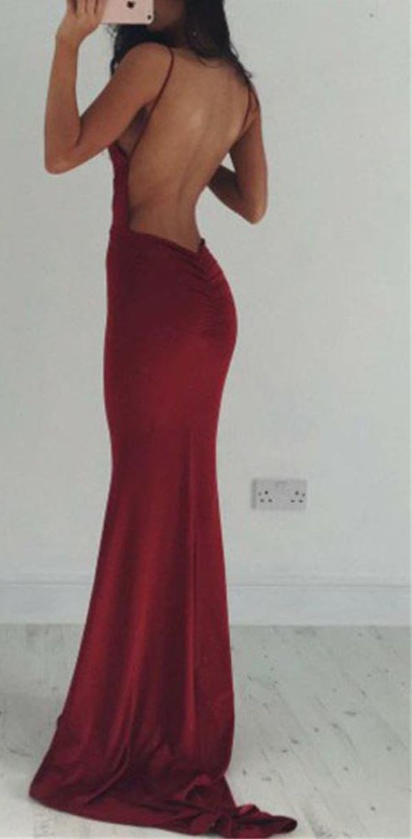 Backless Spaghetti Straps Sexy Burgundy V-neck Cocktail Evening Long P SposaBridal Backless Spaghetti Straps Sexy Burgundy V-neck Cocktail Evening Long P SposaBridal