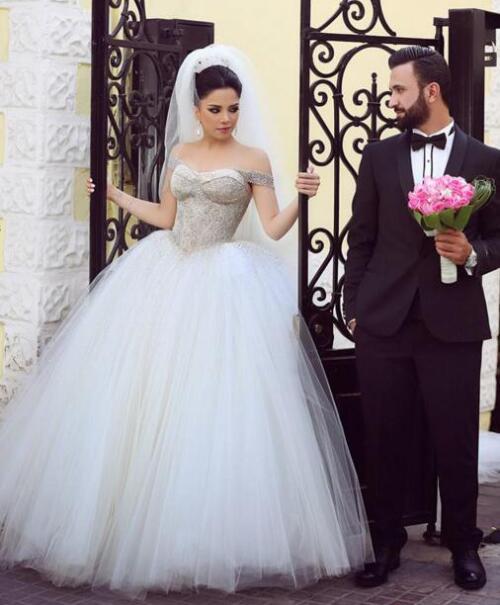 Beaded Crystal Off Shoulder Wedding Dresses, Gorgeous Elegant Popular Sparkly Bridal Gwons,WD0344 - SposaBridal