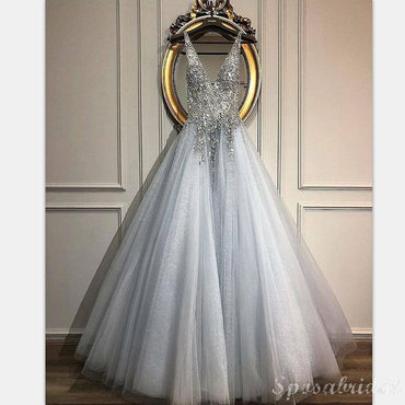 Beading Gorgeous Tulle A-line V-Neck Long Modest Prom Dresses, Popular Prom DressPD1387