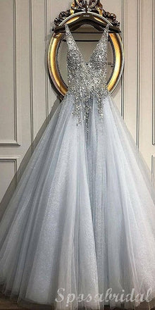Beading Gorgeous Tulle A-line V-Neck Long Modest Prom Dresses, Popular Prom DressPD1387