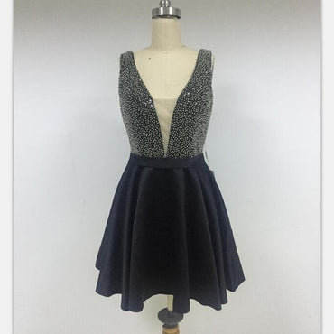Beading V-neck Black Short A-line Modest Discount Cheap Short in Size In Stock Prom Dresses Online,DD012 - SposaBridal