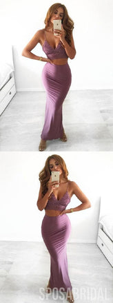 Beautiful Sexy Nice Party Dresses, Long Two Pieces Lace Top Modest Unique Simple Prom Dresses, PD1305
