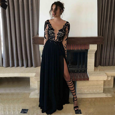 Black A-line Lace Cheap Long Sleeves Long Affordable Prom Dresses, PD0553