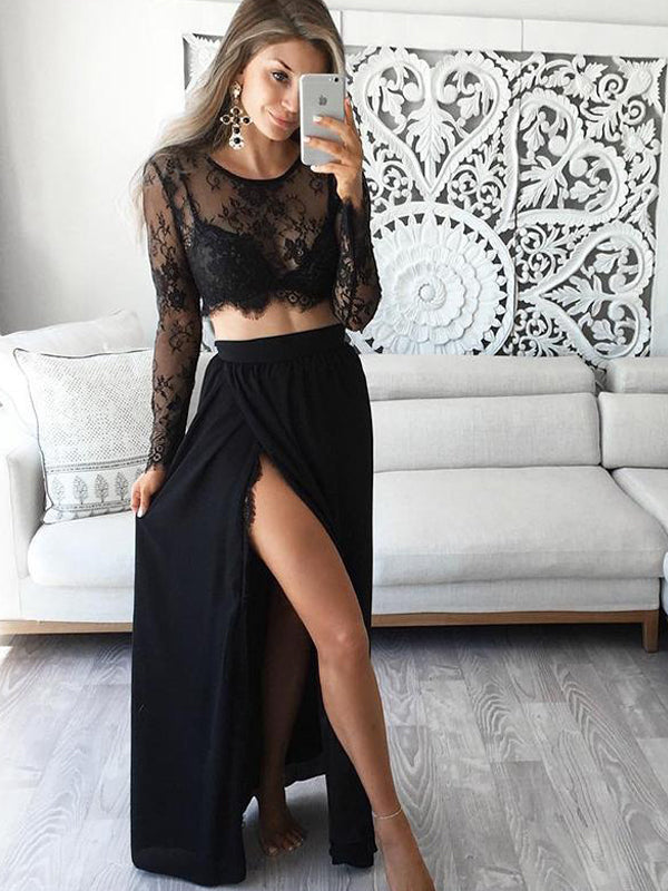 Black Lace Long Sleeves Sexy Slit Two-piece A-line Prom Long Evening D SposaBridal Black Lace Long Sleeves Sexy Slit Two-piece A-line Prom Long Evening D SposaBridal