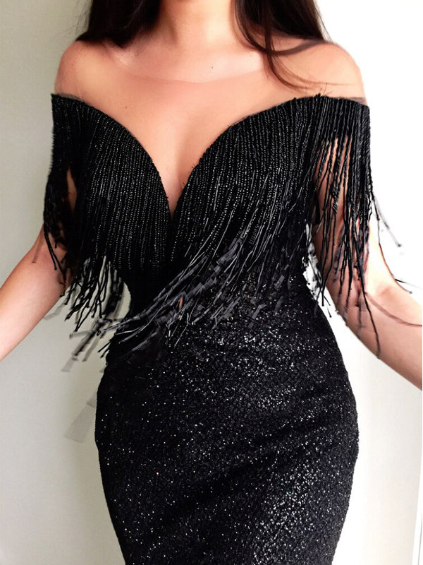 black sequin tassel dress Sequin Bead Tassel Dress