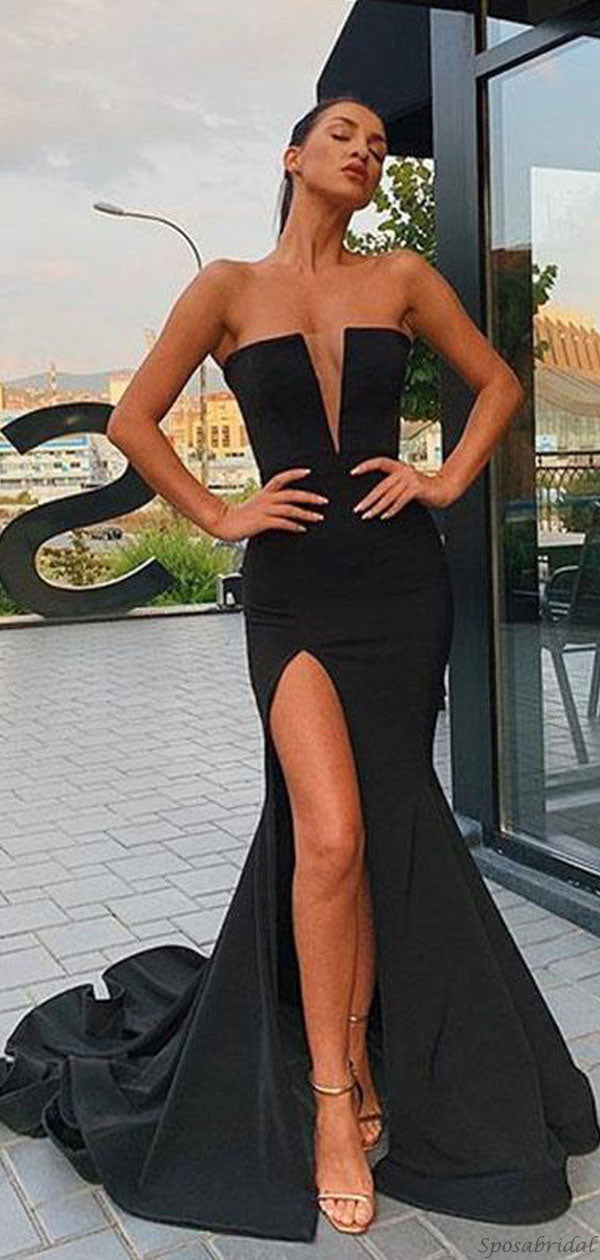 Sexy Strapless Black or Red V-neck Mermaid Side Slit Simple Prom