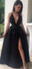 Black A-line Side Slit Satin Simple Sexy Modest Prom Dresses,Evening dresses, Prom Dress PD1822