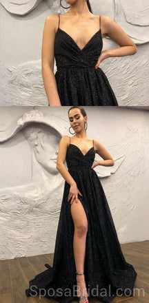 Black Chamring Spaghetti Strap Side Slit Sparkly Sequin Modest Cheap Elegant Formal Long Prom Dresses, PD1218