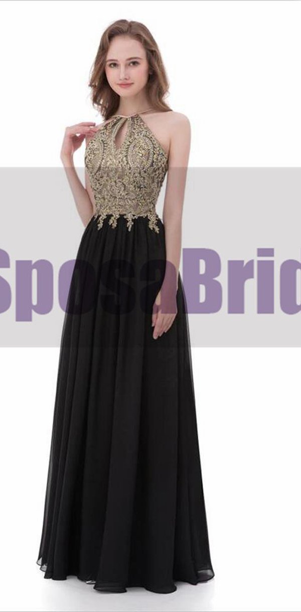 Black Chiffon Gold Halt A-line Gorgeous Prom Dresses, Elegant Formal P SposaBridal Black Chiffon Gold Halt A-line Gorgeous Prom Dresses, Elegant Formal P SposaBridal