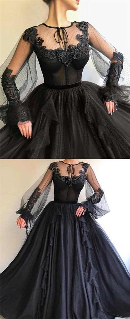 Black Long A-line Prom Dress, Long sleeves Modest Prom Gown ,PD0879 - SposaBridal