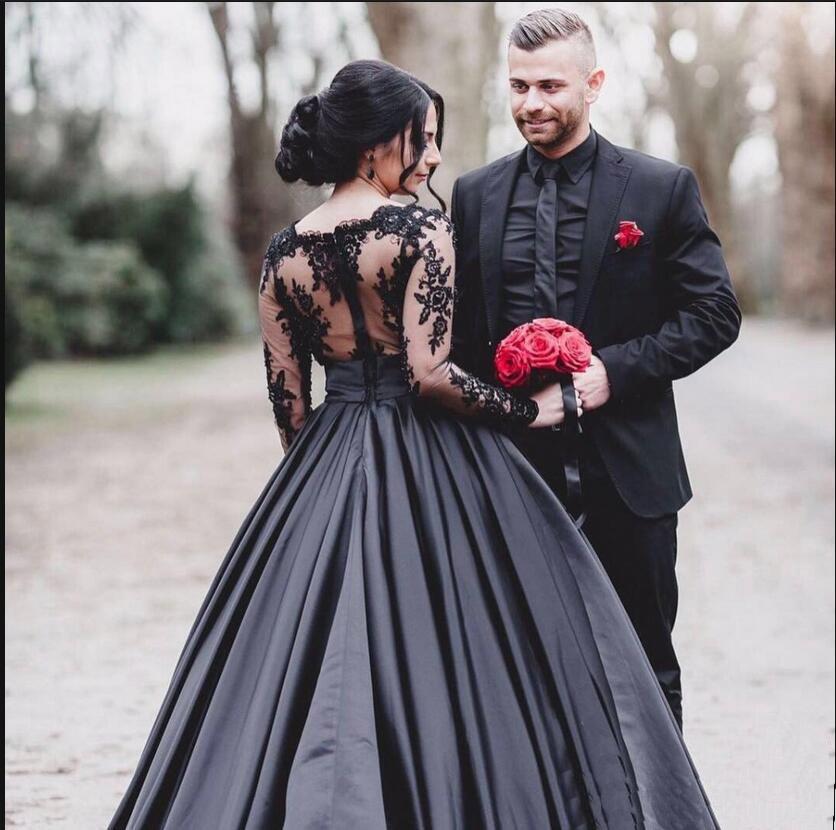 Black Long Sleeves Lace Elegant Modest Prom Dress, A-Line Ball Gown Weding dresses, WD0299 - SposaBridal