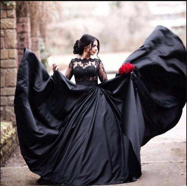Black Long Sleeves Lace Elegant Modest Prom Dress, A-Line Ball